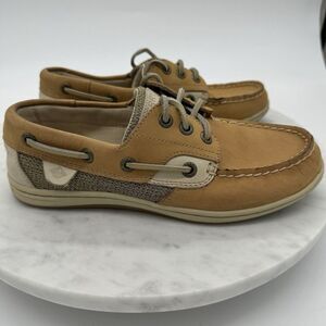 Sperry Top Sider Womens Size 6.5M Tan‎ Leather Fabric Classic Lace Up Boat Shoes